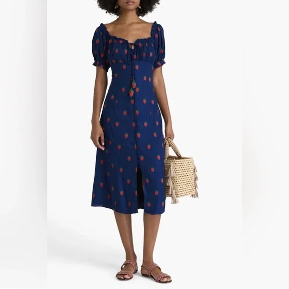 UPDATED! FARM Rio Navy and Red Midi Strawberry Dress - Picture 2 of 11